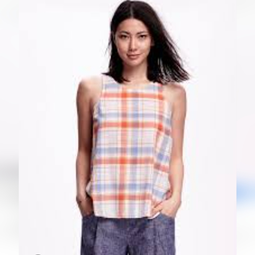 Old Navy Orange & Blue Plaid Sleeveless Trapeze Top